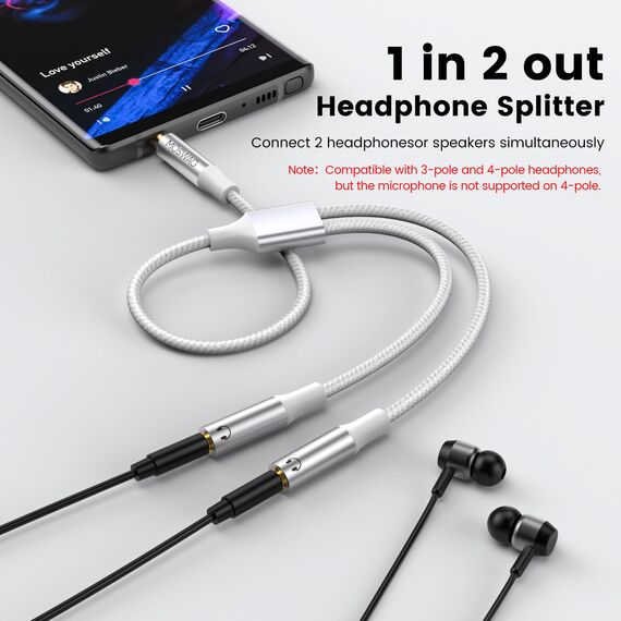 MOSWAG 3,5-mm-Klinken-Splitter-Kopfhörer-Adapter, 1 auf 2 Klinkenstecker, Stereo, Audio, Y-Adapter, für Samsung PS4, Switch, Tablets, PC, Laptop, MP3