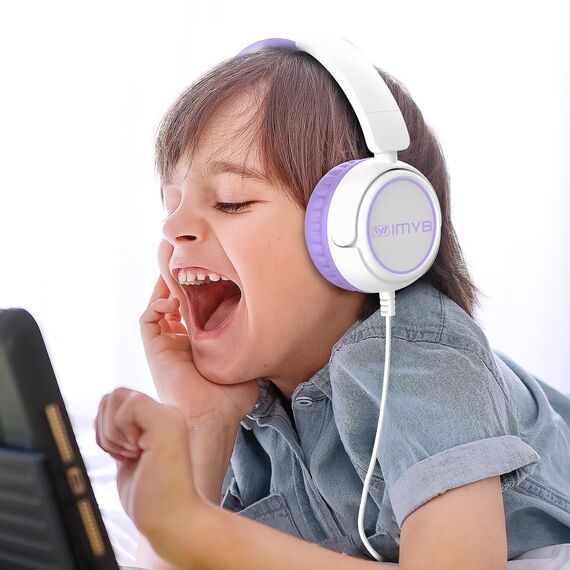 IMYB Kinder kopfhörer, Kopfhörer für Kinder mit Kabel, faltbar, Stereo Sound, Sichere Lautstärkebegrenzung, 3,5 mm Jack, Over Ear Kinderkopfhörer für Schule, Junge, Mädchen, Tablet, PC, Lila