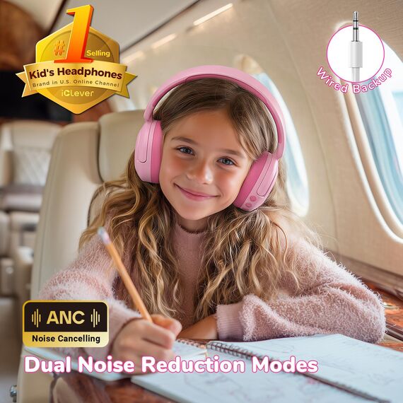 iClever Noise Cancelling Kopfhörer Kinder Bluetooth, 60H Spielzeit, 80dBA Sichere Lautstärke, Bequeme Passform, Bluetooth5.4, Preisgekrönte Kinder Kopfhörer AUX Kabel für Flugreisen
