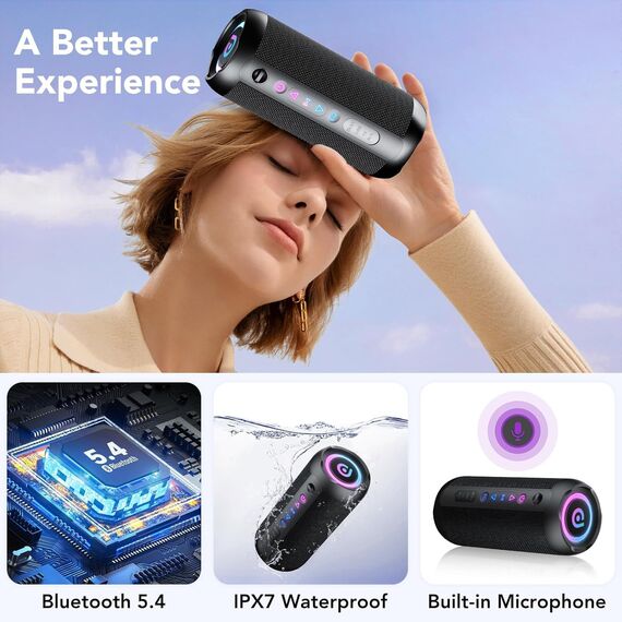Bluetooth Lautsprecher mit Licht, 30W Musikbox Tragbarer Bluetooth Box mit IPX7 wasserdicht, Dualen Bass-Treibern, 30 Sth Akku, RGB Lichter, TWS Kopplung，AUX, TF Karte, Geeignet Outdoor/Party/Reisen