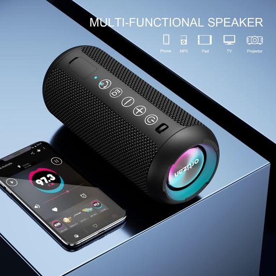 Ortizan Bluetooth Lautsprecher, Musikbox Bluetooth 5.3, Lautsprecher wasserdicht IPX7, RGB Licht, 30h Akku, Bass Boost, TWS Paarung, AUX, Micro SD, 3 EQ, Eingebautes Mikrofon für Reisen Camping