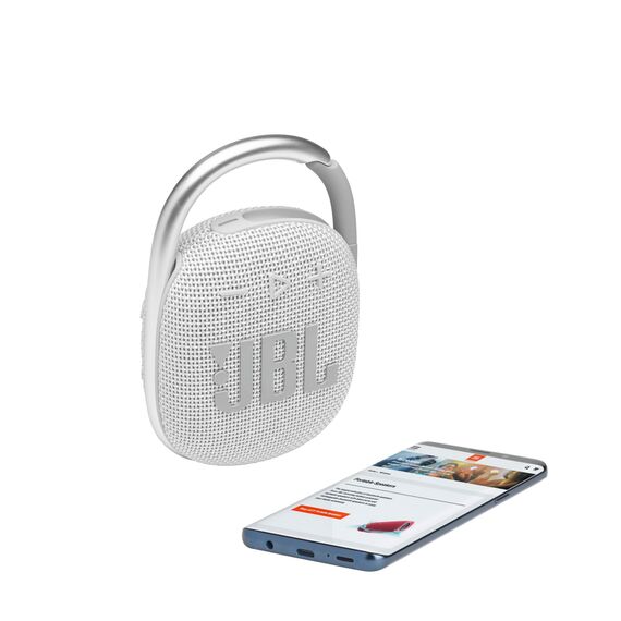 JBL CLIP 4 Bluetooth Lautsprecher - Weiß – Wasserdichte, tragbare Musikbox mit praktischem Karabiner – Bis zu 10 Stunden kabelloses Musik Streaming
