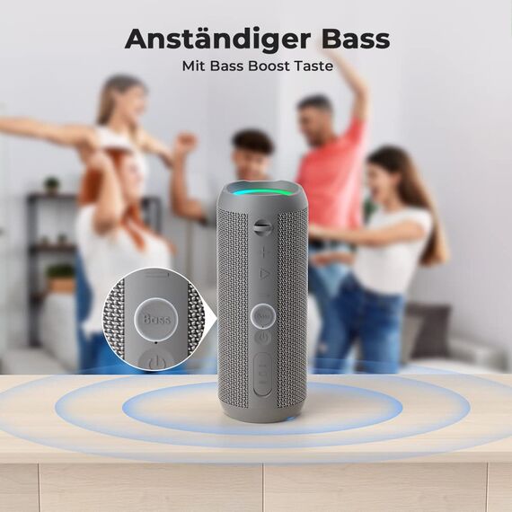 RIENOK Bluetooth Lautsprecher mit Licht Bluetooth 5.3 Musikbox Bass Kabellos Box mit IPX7 wasserdicht Stereo Sound Tragbar