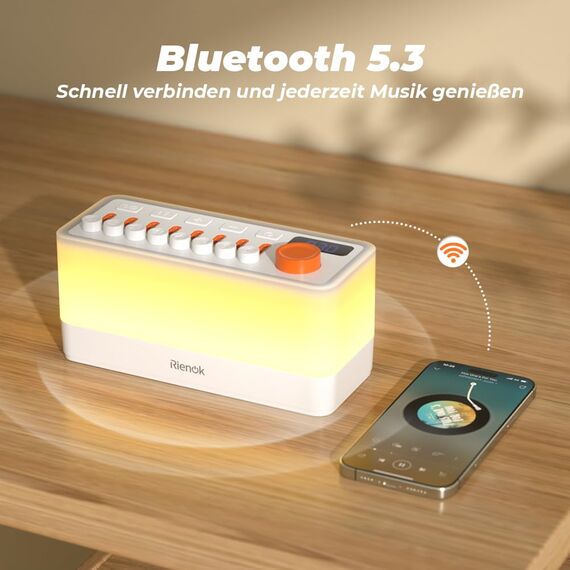 RIENOK Bluetooth Lautsprecher mit Licht Nachttischlampe 11 Farbe RGB Licht Dimmbar Nachtlicht 8 Naturgeräusche Sound Machine Baby Geschenke für Mädchen Kinder Teenager Frauen