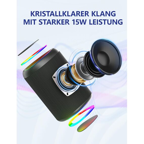 UOHHBOE Bluetooth Lautsprecher Kleine Musikbox Bluetooth 5.3 15W mit TWS Modus RGB Lichtern 30 Meter Reichweite 15 Stunden Spielzeit AUX & TF Karten Kompatibilität IPX5 Wasserdicht