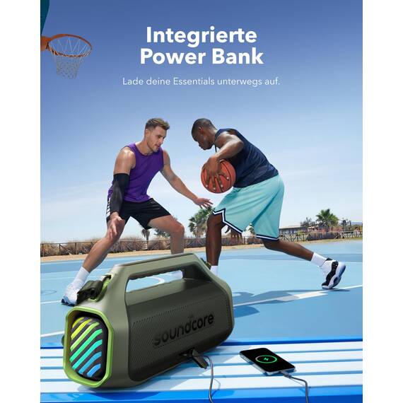 soundcore Boom 2 Plus Outdoor Lautsprecher, 140W, 2+2 Channel, BassUp 2.0, 20h, Schnellladung, IPX7 wasserdicht, RGB Lichter, USB-C, Power Bank, BT 5.3, tragbarer Bluetooth Lautsprecher, Camping