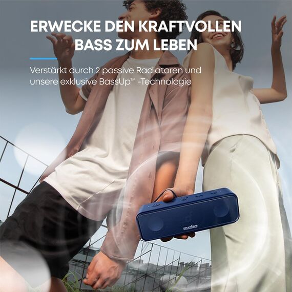 soundcore 3 Bluetooth Lautsprecher, Stereo-Sound, Audiotreiber mit Titan-Membran, PartyCast, BassUp, 24 Stunden Akku, IPX7 Wasserschutz, individueller EQ, für Zuhause, Draußen, Garten (in Blau)