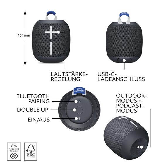 Ultimate Ears Wonderboom 4 – mobiler, wasserdichter Bluetooth-Lautsprecher mit satten Tiefen und 360-Grad-Klang, staubdichter, schwimmfähiger Lautsprecher mit Einer Reichweite von 40m - Schwarz