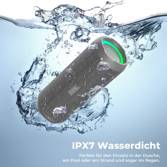 RIENOK Bluetooth Lautsprecher mit Licht Bluetooth 5.3 Musikbox Bass Kabellos Box mit IPX7 wasserdicht Stereo Sound Tragbar