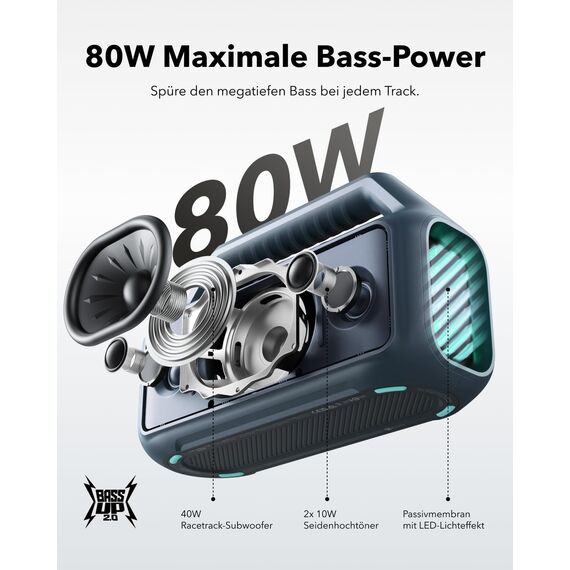 soundcore by Anker, Boom 2 Outdoor-Lautsprecher, 80W, Subwoofer, BassUp 2.0, 24h Akku, IPX7 Wasserdicht & Schwimmt, LED-Licht, USB-C, EQ, BT 5.3, Mobiler Bluetooth-Speaker, Camping, Strand, Garten
