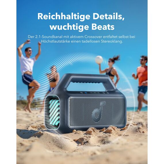 soundcore by Anker, Boom 2 Outdoor-Lautsprecher, 80W, Subwoofer, BassUp 2.0, 24h Akku, IPX7 Wasserdicht & Schwimmt, LED-Licht, USB-C, EQ, BT 5.3, Mobiler Bluetooth-Speaker, Camping, Strand, Garten