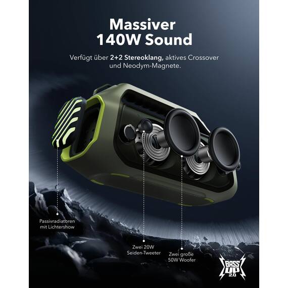 soundcore Boom 2 Plus Outdoor Lautsprecher, 140W, 2+2 Channel, BassUp 2.0, 20h, Schnellladung, IPX7 wasserdicht, RGB Lichter, USB-C, Power Bank, BT 5.3, tragbarer Bluetooth Lautsprecher, Camping