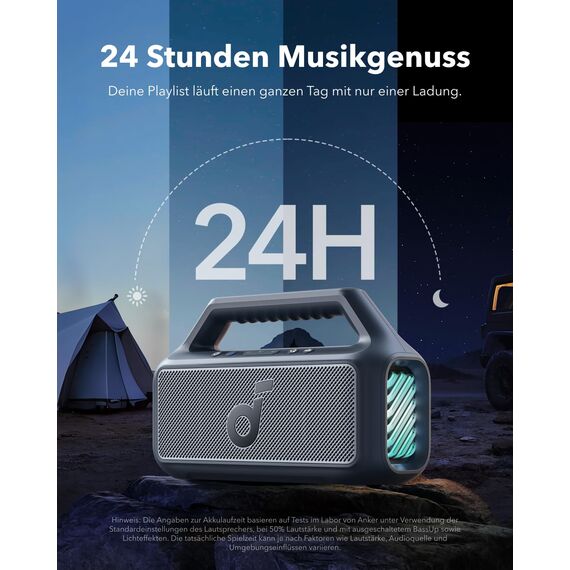 soundcore by Anker, Boom 2 Outdoor-Lautsprecher, 80W, Subwoofer, BassUp 2.0, 24h Akku, IPX7 Wasserdicht & Schwimmt, LED-Licht, USB-C, EQ, BT 5.3, Mobiler Bluetooth-Speaker, Camping, Strand, Garten