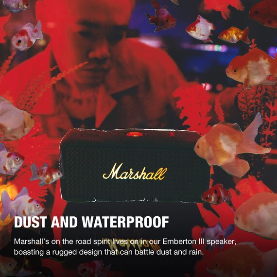 Marshall Emberton III tragbare Bluetooth Lautsprecher, kabellos, IP67 Staub und wasserfest, über 32 Stunden Spielzeit - Schwarz und Messing