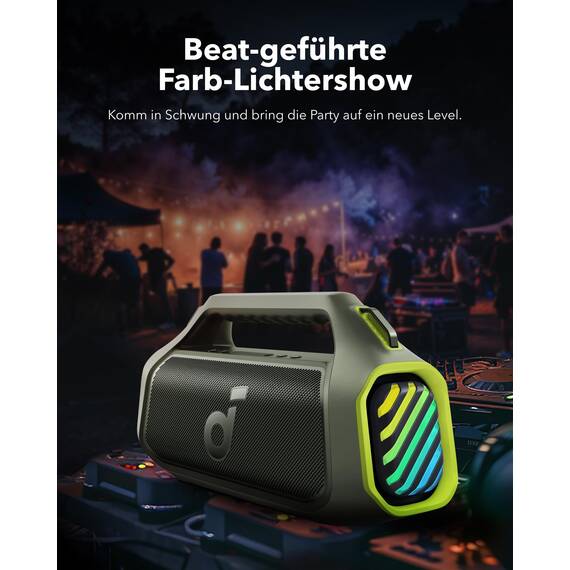 soundcore Boom 2 Plus Outdoor Lautsprecher, 140W, 2+2 Channel, BassUp 2.0, 20h, Schnellladung, IPX7 wasserdicht, RGB Lichter, USB-C, Power Bank, BT 5.3, tragbarer Bluetooth Lautsprecher, Camping