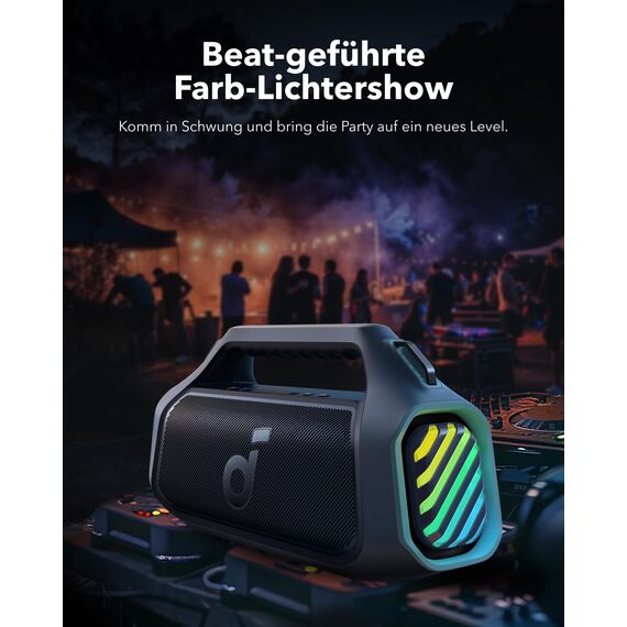 soundcore Boom 2 Plus Outdoor Lautsprecher, 140W, 2+2 Channel, BassUp 2.0, 20h, Schnellladung, IPX7 wasserdicht, RGB Lichter, USB-C, Power Bank, BT 6.0, tragbarer Bluetooth Lautsprecher, Camping
