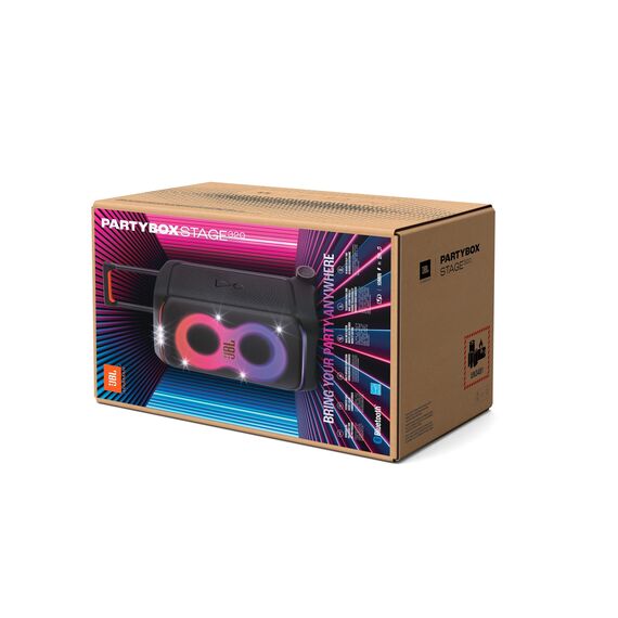 JBL Partybox Stage 320 in Schwarz – Tragbare Bluetooth-Lautsprecher-Box mit JBL Pro Sound, Lichtshow, KI-Sound-Boost, Rollen und Teleskopgriff – 18 h Laufzeit