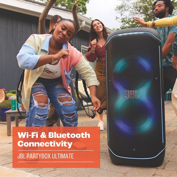 JBL PartyBox Ultimate – Kraftvoller Lautsprecher mit Bluetooth und Wifi – JBL Pro Sound mit Lichteffekten – Wasserfest und mit Rädern zum einfachen Transport – Schwarz