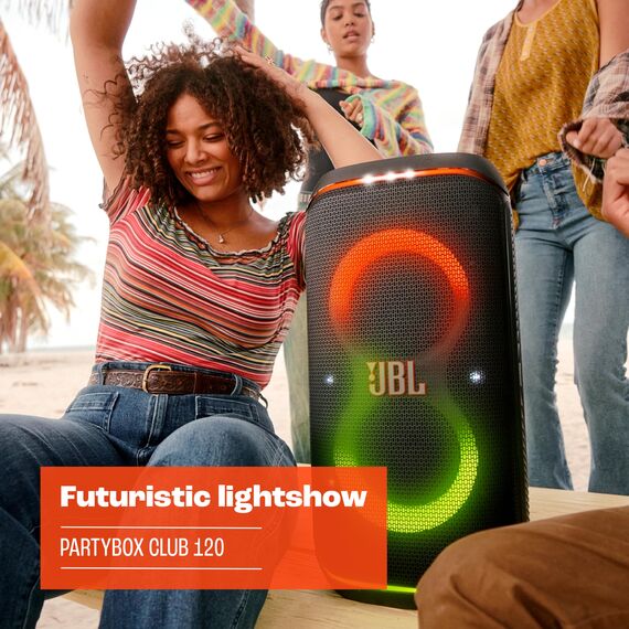 JBL PartyBox Stage 120 in Schwarz – Tragbare Bluetooth-Lautsprecher-Box mit JBL Pro Sound, Lichtshow, KI-Sound-Boost und Teleskopgriff – 12 h Laufzeit, UK Stecker (Typ G)