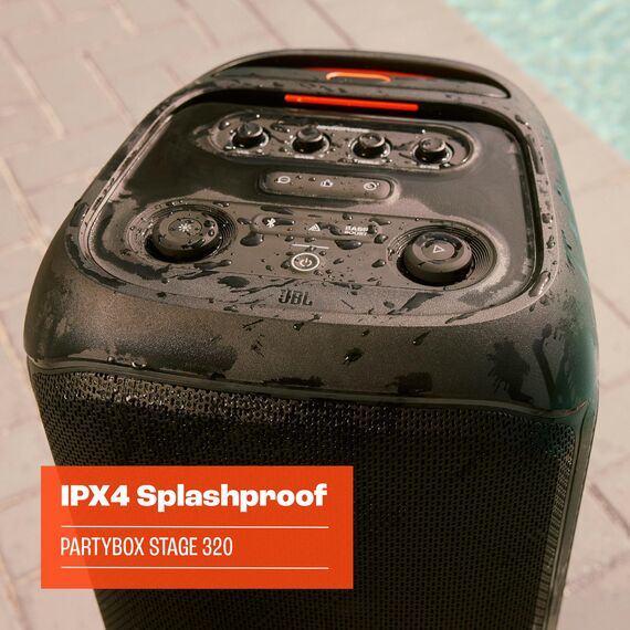 JBL Partybox Stage 320 in Schwarz – Tragbare Bluetooth-Lautsprecher-Box mit JBL Pro Sound, Lichtshow, KI-Sound-Boost, Rollen und Teleskopgriff – 18 h Laufzeit