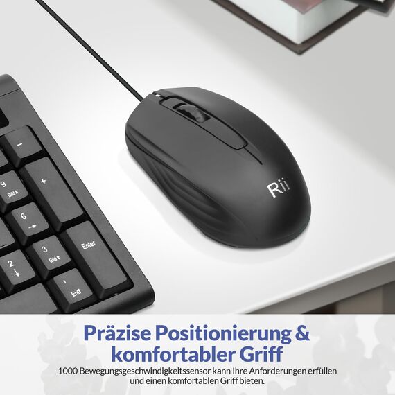 Rii Kabelgebundenes Tastatur-Maus-Set, PC Tastatur mit Kabel, Spritzwassergeschützt, Ergonomisch, USB-Anschluss, PC/Laptop, Windows/macOS, Büro/Schule - Deutsches QWERTZ Layout, Schwarz