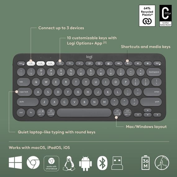 Logitech Pebble 2 Combo, kabellose Tastatur und Maus, leise und tragbar, anpassbar, Logi-Bolt, Bluetooth, Easy-Switch für Windows, macOS, iPadOS, Chrom, ARA-Layout - Graphit