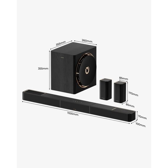 ULTIMEA Skywave X60 7.1.4ch Professionelles Kabelloses Surround Sound System für TV mit Dolby Atmos, 840W Soundbar mit 8" kabellosem Subwoofer, 28Hz Tieffrequenz, GaN-Verstärker, 4K HDR Pass-Through