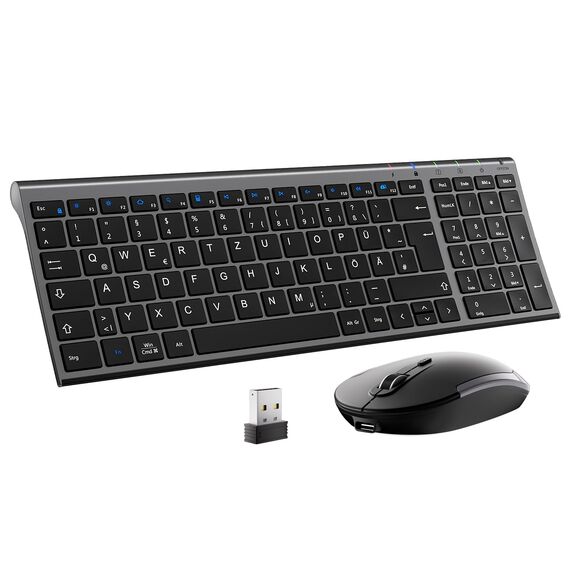 2.4G Maus Set kabellos, iClever Aluminium Wireless Slim Tastatur QWERTZ Layout (Deutsch), für Computer/Desktop/PC/Laptop/Oberfläsche/Smart TV und Windows 10/8/7/Vista/XP (2.4GHz, USB)