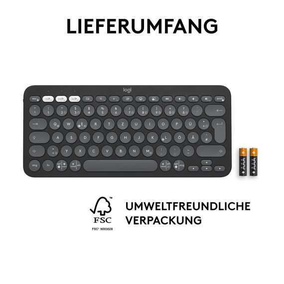 Logitech Pebble Keys 2 K380s, kabellose Multi-Device Bluetooth-Tastatur mit anpassbaren Sondertasten, schlank, mobil, Easy-Switch - Windows, macOS, iPadOS, Android, ChromeOS, Deutsches QWERTZ,Graphit