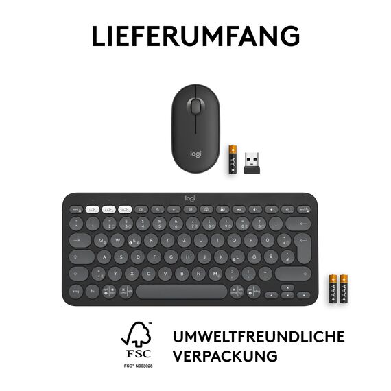 Logitech Pebble 2 Combo, kabellose Tastatur und Maus, leise und mobil, anpassbar, Logi Bolt, Bluetooth, Easy-Switch für Windows, macOS, iPadOS, Chrome - Deutsches QWERTZ-Layout, Weiß