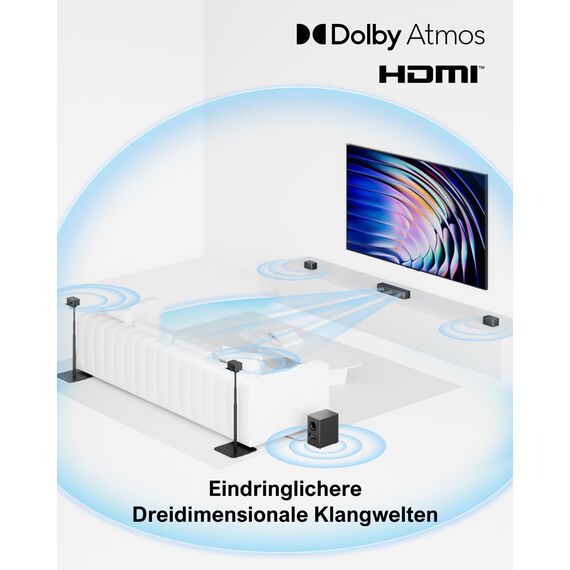ULTIMEA 7.1 Surround Sound System für TV mit Dolby Atmos, App Steuerung, 4 kabelgebundene Surround-Lautsprecher, 460W Soundbar für Smart TV mit Wireless Subwoofer, Heimkino Sound System, Poseidon D80