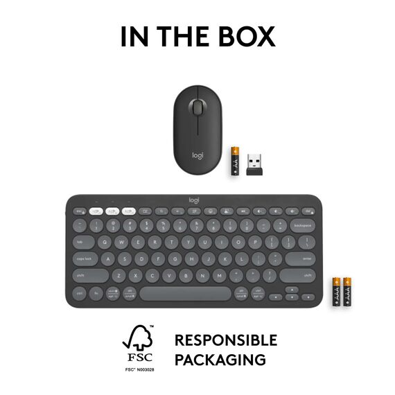 Logitech Pebble 2 Combo, kabellose Tastatur und Maus, leise und tragbar, anpassbar, Logi-Bolt, Bluetooth, Easy-Switch für Windows, macOS, iPadOS, Chrom, ARA-Layout - Graphit