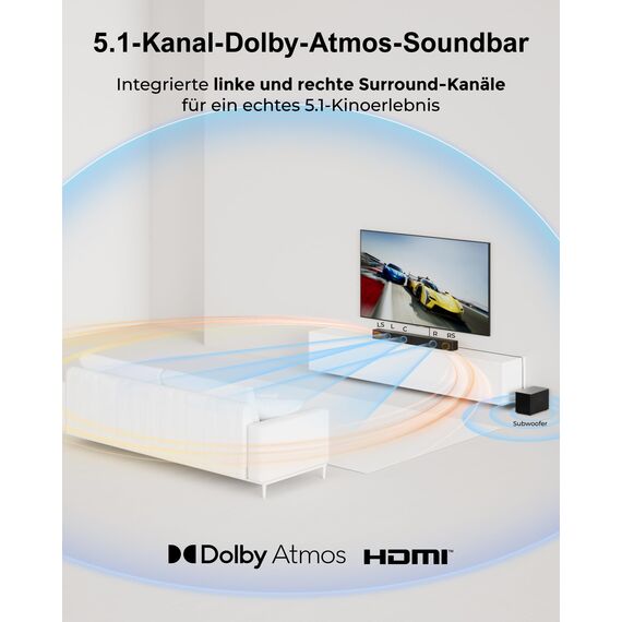 ULTIMEA 5.1ch Soundbar mit Dolby Atmos, VoiceMX, BassMX, APP, Heimkino 4D Surround Sound System, 340W Soundbar für TV Geräte mit Subwoofer, Bluetooth® 5.4, Poseidon M60 Boom
