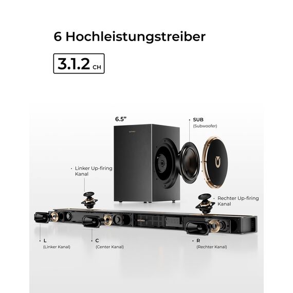 ULTIMEA Soundbar 3.1.2-Kanal-Surround-Sound-System für Fernseher mit 6,5-Zoll-Subwoofer, Soundbar für TV-Geräte mit Subwoofer für Heimkino, BT 5.4, HDMI eARC, Skywave F30 Boom