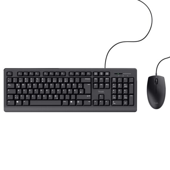 Trust Taro Kabelgebundenes Tastatur und Maus Set, Deutsches QWERTZ Layout, Leise Tasten und Maustasten, Spritzwassergeschützt, USB-Anschluss, für PC, Laptop, MacBook, Windows, macOS - Schwarz