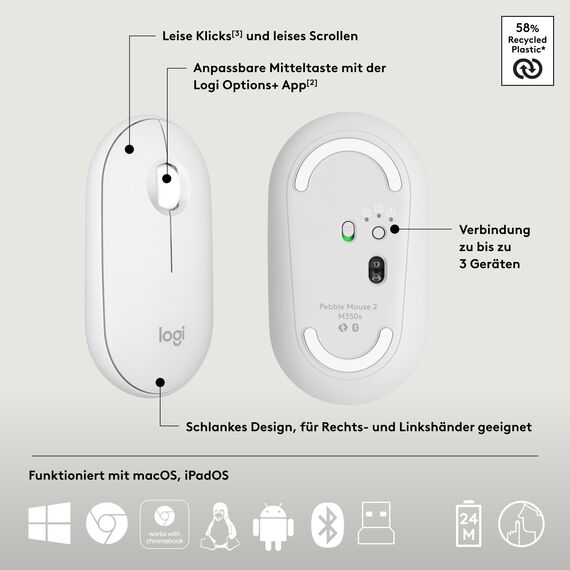 Logitech Pebble 2 Combo, kabellose Tastatur und Maus, leise und mobil, anpassbar, Logi Bolt, Bluetooth, Easy-Switch für Windows, macOS, iPadOS, Chrome - Deutsches QWERTZ-Layout, Weiß