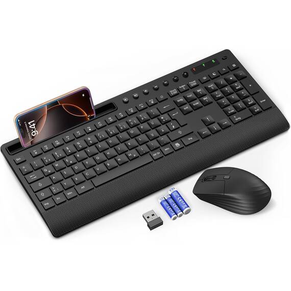 Tastatur Maus Set Kabellos, Leise 2,4 GHz Tastatur in voller Größe mit Handballenauflage, Telefonhalter, Multimediatasten, Kabelloses Set für Windows, Chrome OS, PC, Laptop (Batterien) - KM31