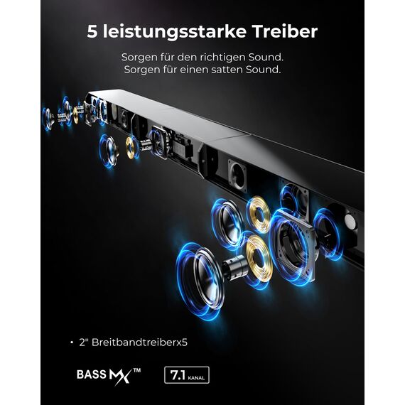 ULTIMEA 7.1 Virtual Surround Soundbar, Soundbar für TV Geräte mit 2 Surround Lautsprecher, Surround Sound System mit RGB Licht, 6.5" Subwoofer, App, HDMI/Opt/AUX/Bluetooth®, Apollo S70 Ultra