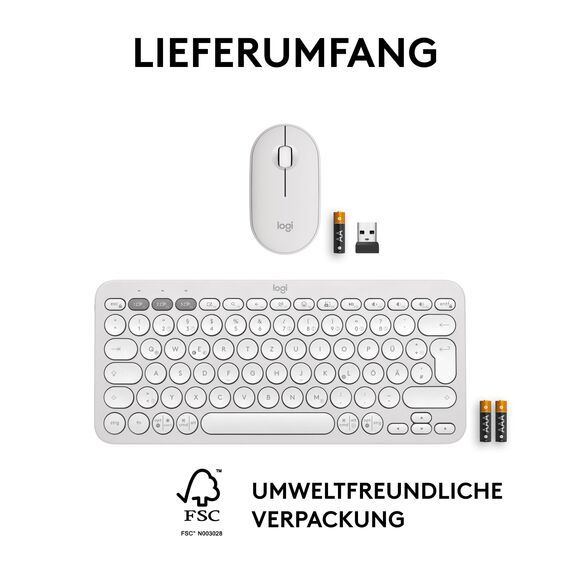 Logitech Pebble 2 Combo, kabellose Tastatur und Maus, leise und mobil, anpassbar, Logi Bolt, Bluetooth, Easy-Switch für Windows, macOS, iPadOS, Chrome - Deutsches QWERTZ-Layout, Weiß