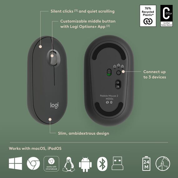 Logitech Pebble 2 Combo, kabellose Tastatur und Maus, leise und tragbar, anpassbar, Logi-Bolt, Bluetooth, Easy-Switch für Windows, macOS, iPadOS, Chrom, ARA-Layout - Graphit