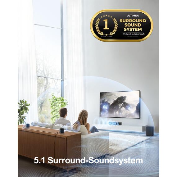 ULTIMEA 5.1ch Soundbar mit Dolby Atmos, 3D Surround Sound System für TV, App Control, Home Theater Sound System, TV Soundbar mit Subwoofer, 2 Surround Lautsprecher, HDMI eARC/Opt/AUX/BT, Aura A50 Pro