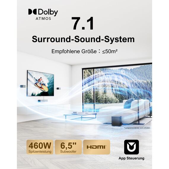 ULTIMEA 7.1 Surround Sound System für TV mit Dolby Atmos, App Steuerung, 4 kabelgebundene Surround-Lautsprecher, 460W Soundbar für Smart TV mit Wireless Subwoofer, Heimkino Sound System, Poseidon D80