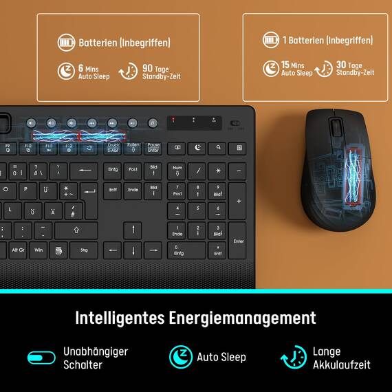 Tastatur Maus Set Kabellos, Leise 2,4 GHz Tastatur in voller Größe mit Handballenauflage, Telefonhalter, Multimediatasten, Kabelloses Set für Windows, Chrome OS, PC, Laptop (Batterien) - KM31