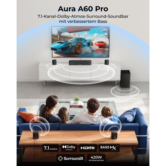 ULTIMEA 7.1-Kanal Surround Sound System mit Subwoofer, 4 Surround-Lautsprechern, mit Dolby Atmos, VoiceMX, BassMX, 420 W, Soundbar für TV-Geräte, HDMI eARC, App-Steuerung, Aura A60 Pro, Modell 2026