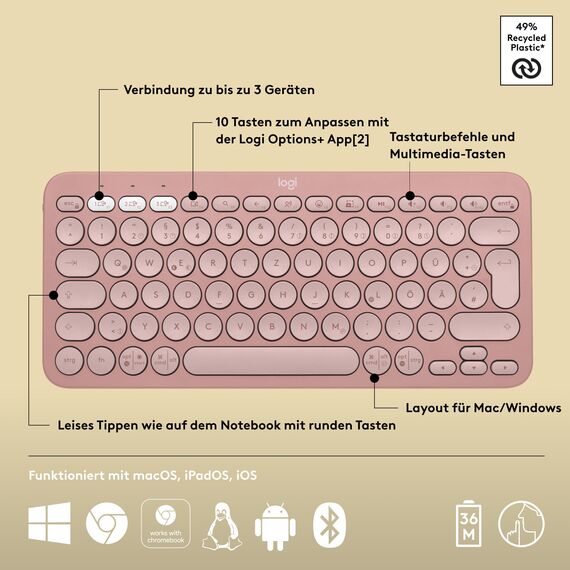 Logitech Pebble Keys 2 K380s, kabellose Multi-Device Bluetooth-Tastatur mit anpassbaren Sondertasten, schlank - mobil, Easy-Switch für Windows, macOS, iPadOS, Android, ChromeOS, Deutsches QWERTZ,Rosa