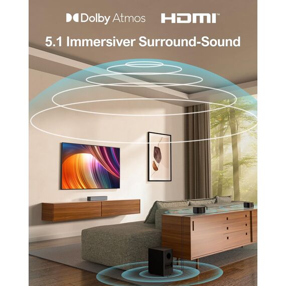 ULTIMEA 5.1 Soundbar mit Subwoofer, Soundbar für TV mit Dolby Atmos, Heimkino Soundsystem mit 2 Rear-Lautsprechern, Surround Sound, App-Steuerung, einstellbarem Bass, HDMI, Bluetooth®, Poseidon D60