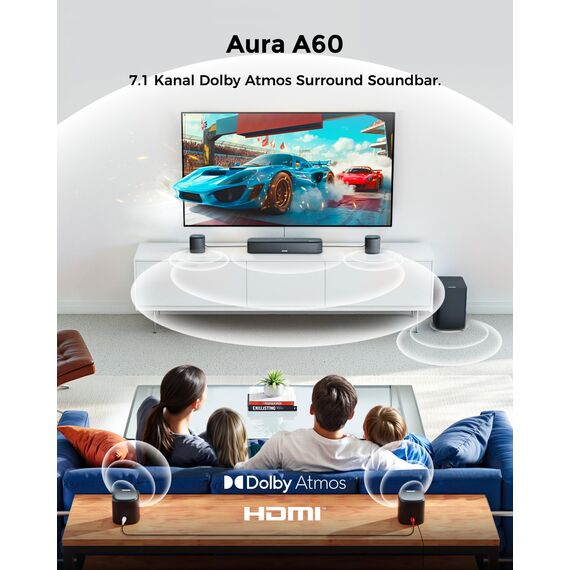 ULTIMEA 7.1 Soundbar für TV Geräte, Dolby Atmos Surround Sound System mit 4 Surround Lautsprechern, TV Soundbar mit Subwoofer für Heimkino Soundsystem, App, HDMI eARC, Bluetooth 5.3, Aura A60