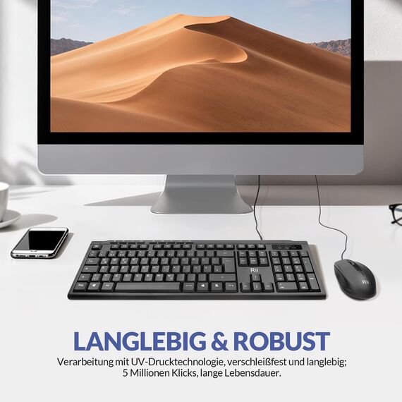 Rii Kabelgebundenes Tastatur-Maus-Set, PC Tastatur mit Kabel, Spritzwassergeschützt, Ergonomisch, USB-Anschluss, PC/Laptop, Windows/macOS, Büro/Schule - Deutsches QWERTZ Layout, Schwarz