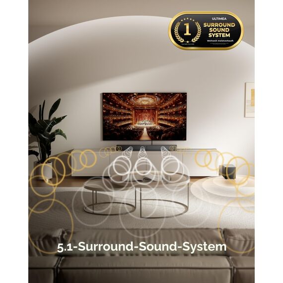 ULTIMEA 5.1ch Soundbar mit Dolby Atmos, VoiceMX, BassMX, APP, Heimkino 4D Surround Sound System, 340W Soundbar für TV Geräte mit Subwoofer, Bluetooth® 5.4, Poseidon M60 Boom