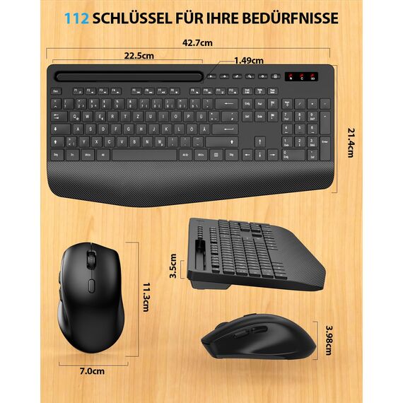 Tastatur Maus Set kabellos, Handballenauflage, Telefonhalter, Akku im Lieferumfang enthalten, 2.4G keine Latenz Ergonomische Tastatur kabellos Set, Leise Maus und Tastatur für Laptop, PC, Mac, Windows
